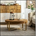 thumbnail image 2 of 31.29"Modern Retro Splicing Round Coffee Table,Fir Wood Table Top with Gold Cross Legs Base(Same SKU:W757123559), 2 of 9