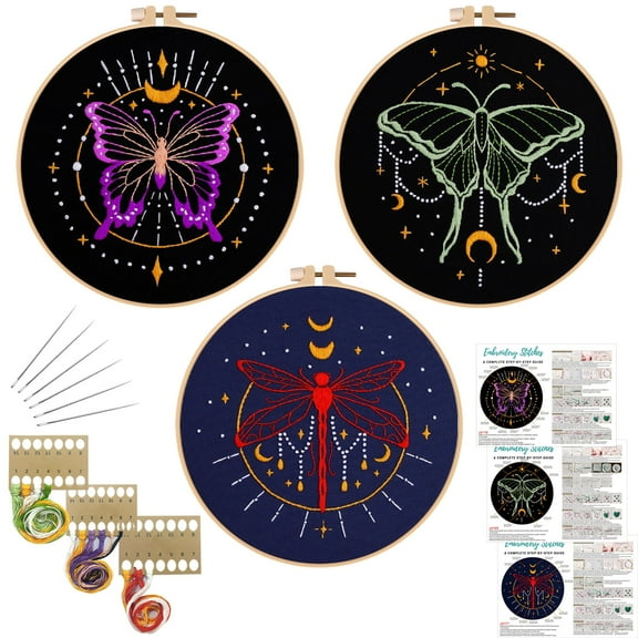 VOCHIC 3 Set Tarot Embroidery Kits for Beginners with Moon Butterfly dragonfly and moth pattern,Adults Starter Cross Stitch Kit DIY Needlepoint Kits