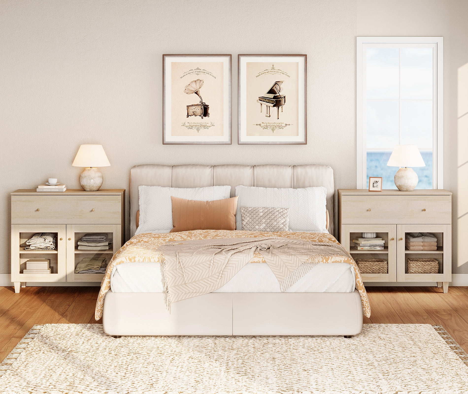 Large Bedroom Nightstand with Glass Doors, Tall Bedside Table with Drawer, Shelf and Cable Management, White Oak