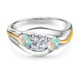 thumbnail image 3 of Gem Stone King 925 Sterling Silver and 10K Yellow Gold Round White Lab Grown Diamond and White Opal 3 Stone Ring for Women (1.00 Cttw, Size 6), 3 of 6