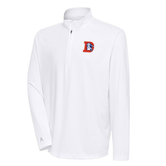 Men's Antigua White Denver Broncos Team Logo Throwback Tribute Quarter-Zip Pullover Top