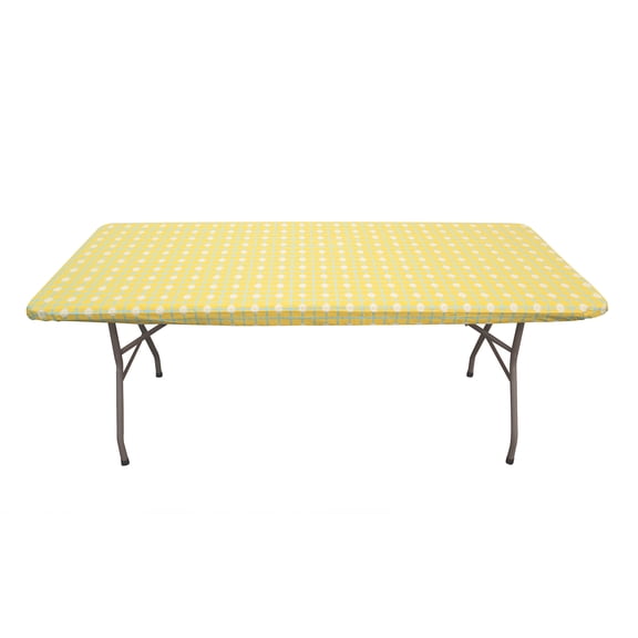 Waverly Inspirations Rectangular Elastic Fitted Table Cover Waterproof Vinyl Tablecloth With Flannel Backing, 6Ft Table, 72" x 30", Sunny Daisy Check, 1 PK
