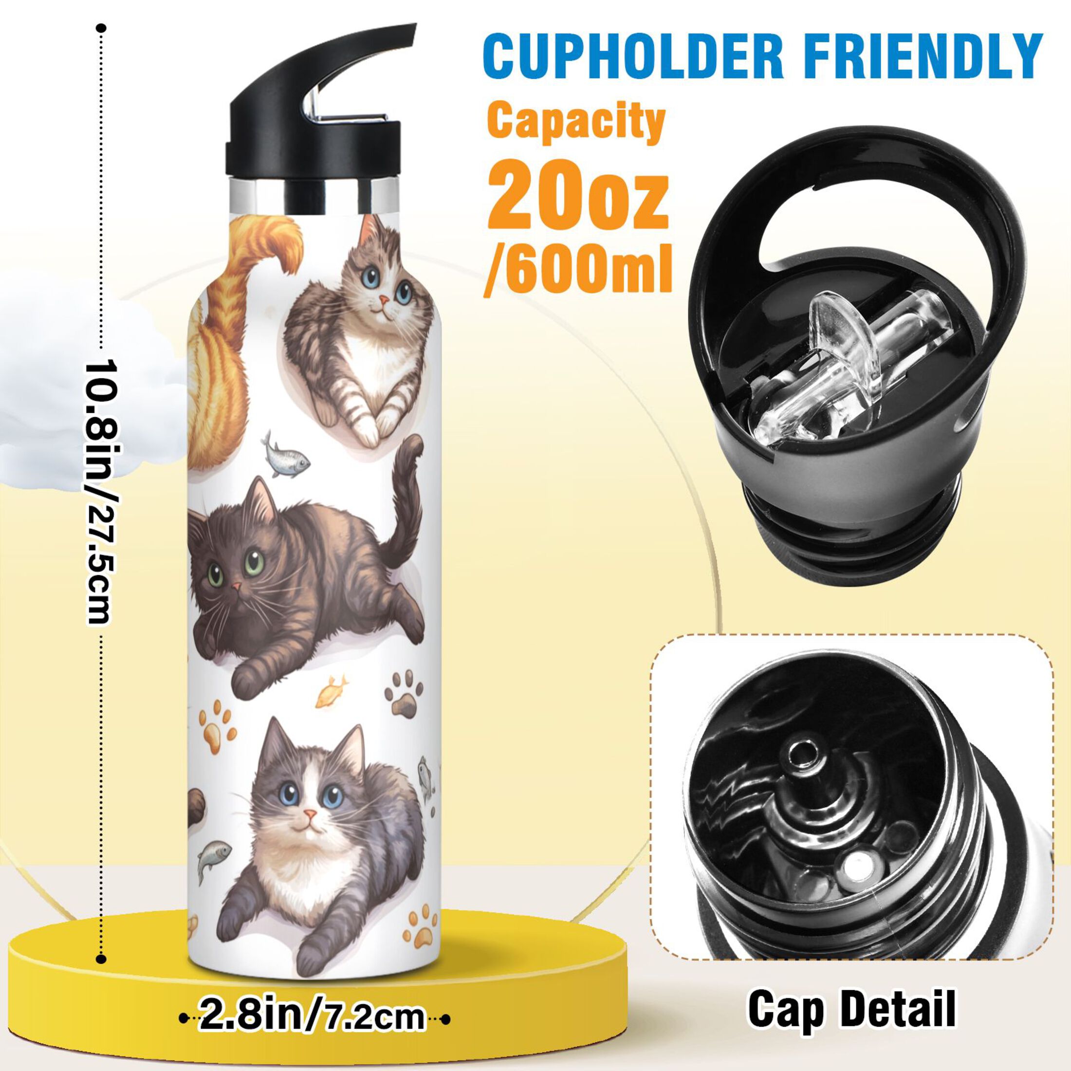 Kids Insulated Stainless Steel Sports Water Bottle 600ml (20oz) Colorful Cartoon Cats
