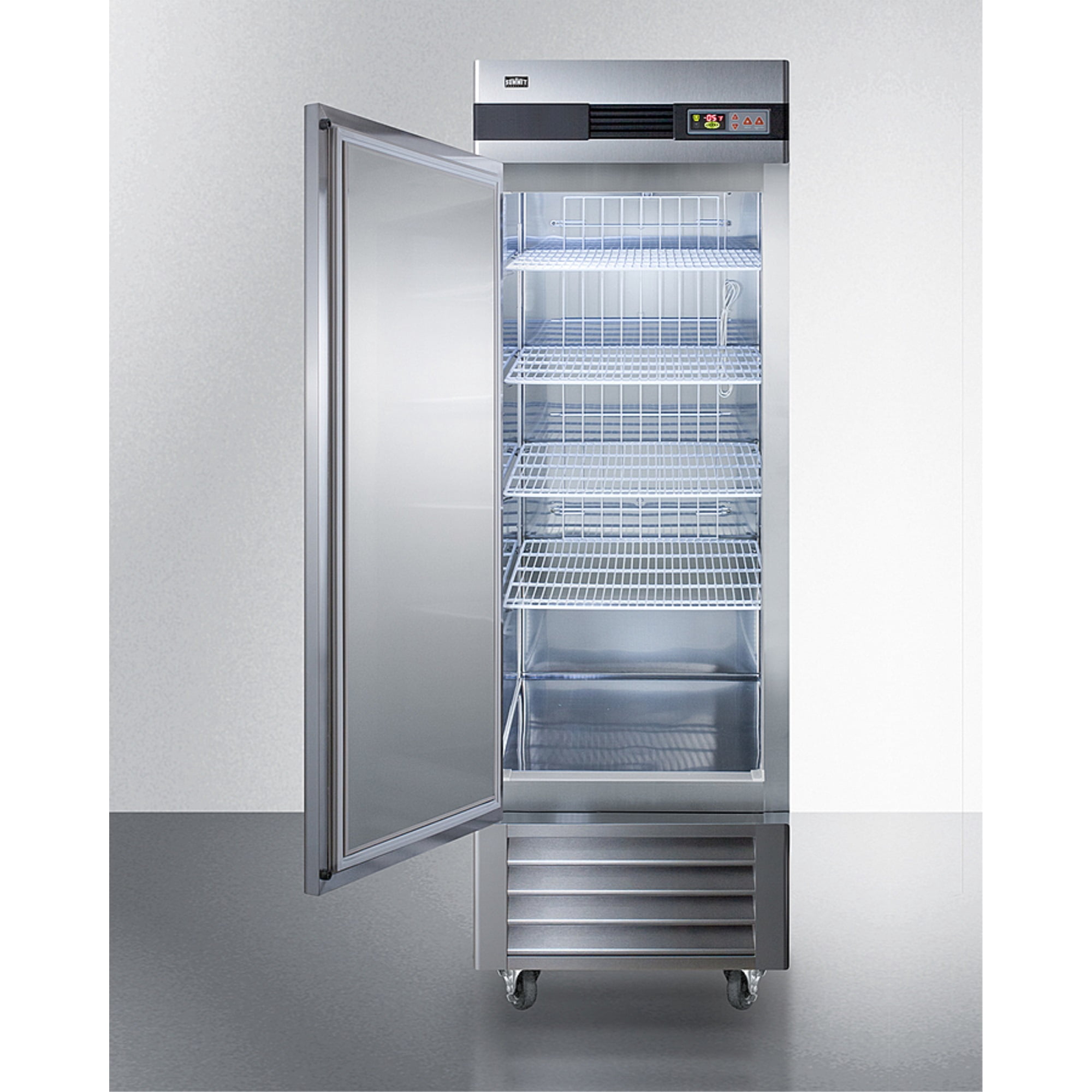 Commercially approved frost-free reach-in freezer in complete stainless steel, left hand door swing
