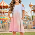 thumbnail image 2 of Pounoo New Dresses For Girls Trendy Gradation Short Sleeve Casual Dresses Round Neck Knee Length Dress With Pocket Breathable Kids Dresses Girls 4-16, 2 of 9