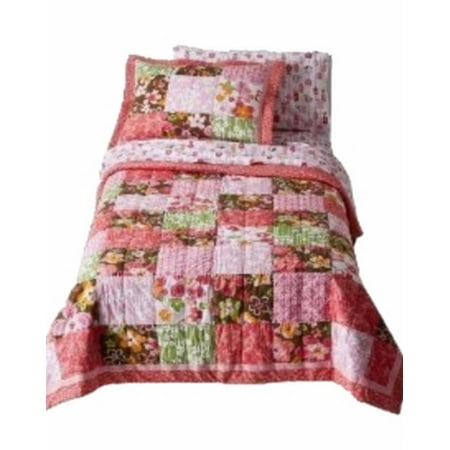 Girls Full Queen Quilt & Sham Set Coral Brown Patchwork Blossom Flowers