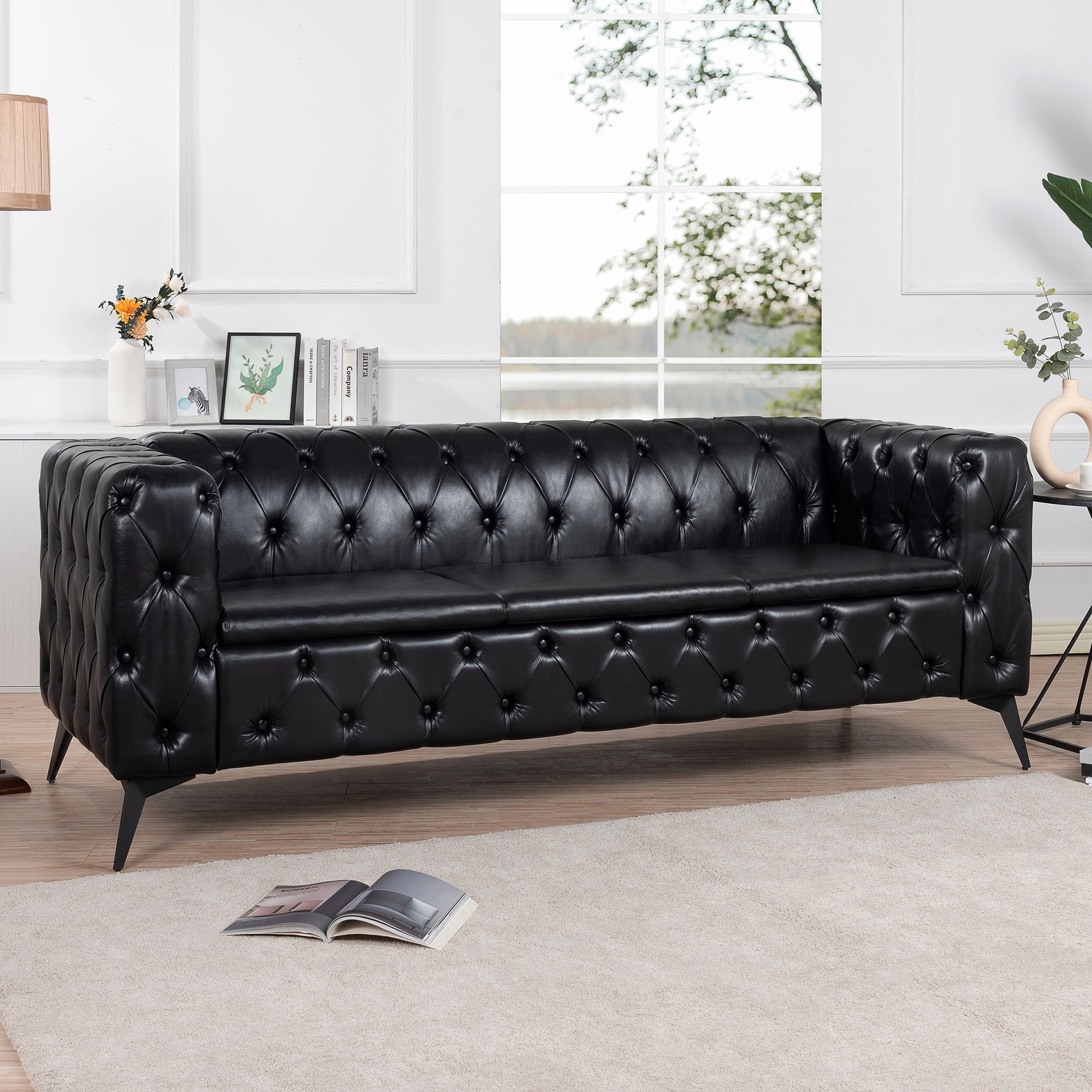 Resenkos 84" Width Traditional PU Leather Sofa Couch with Tufted Back and Square Arm for Apartment Peacock Black