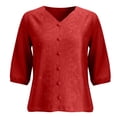 thumbnail image 5 of Womens Tops 3/4 Sleeve Cotton and Linen V Neck Embroidered Casual Loose Top Fashion Shirt, 5 of 6