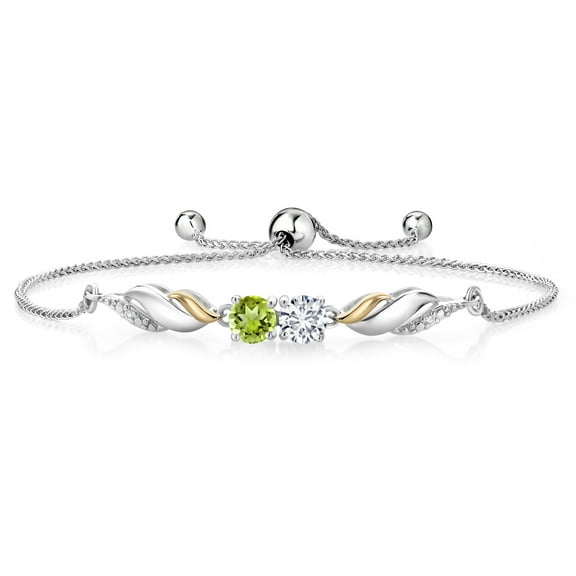 Gem Stone King 1.07 Ct E-F Lab Grown Diamond Green Peridot 925 Silver and 10K Yellow Gold Bracelet for Women