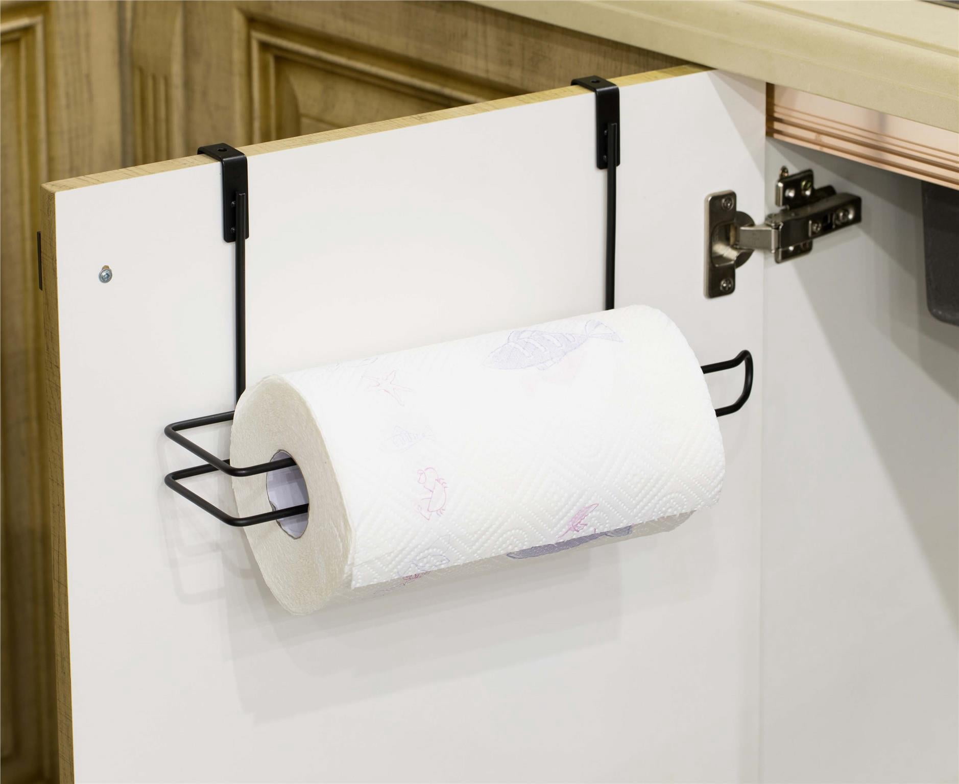 Basicwise Hanging Paper Towel Holder Over-the-Cabinet Door Organizer Rack Space-Saving Kitchen and Under-Sink Storage Solution for Standard Rolls with Easy Access for Home Office and Everyday Use