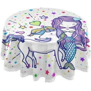 SKYSONIC 60" Mermaid Girl Unicorn Star Round Tablecloth Table Cloth Cover Mat Washable Polyester Home Decorative for Dining Wedding Holiday Party