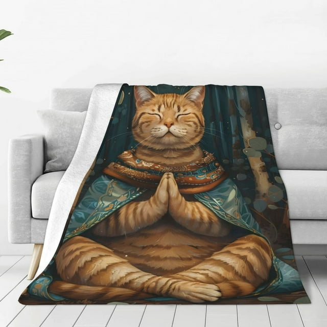 KLL Surreal Meditating Cat Pattern Fleece Throw Blanket,Fleece Throw Blankets for Couch & Bed All Season Use-60"x50"