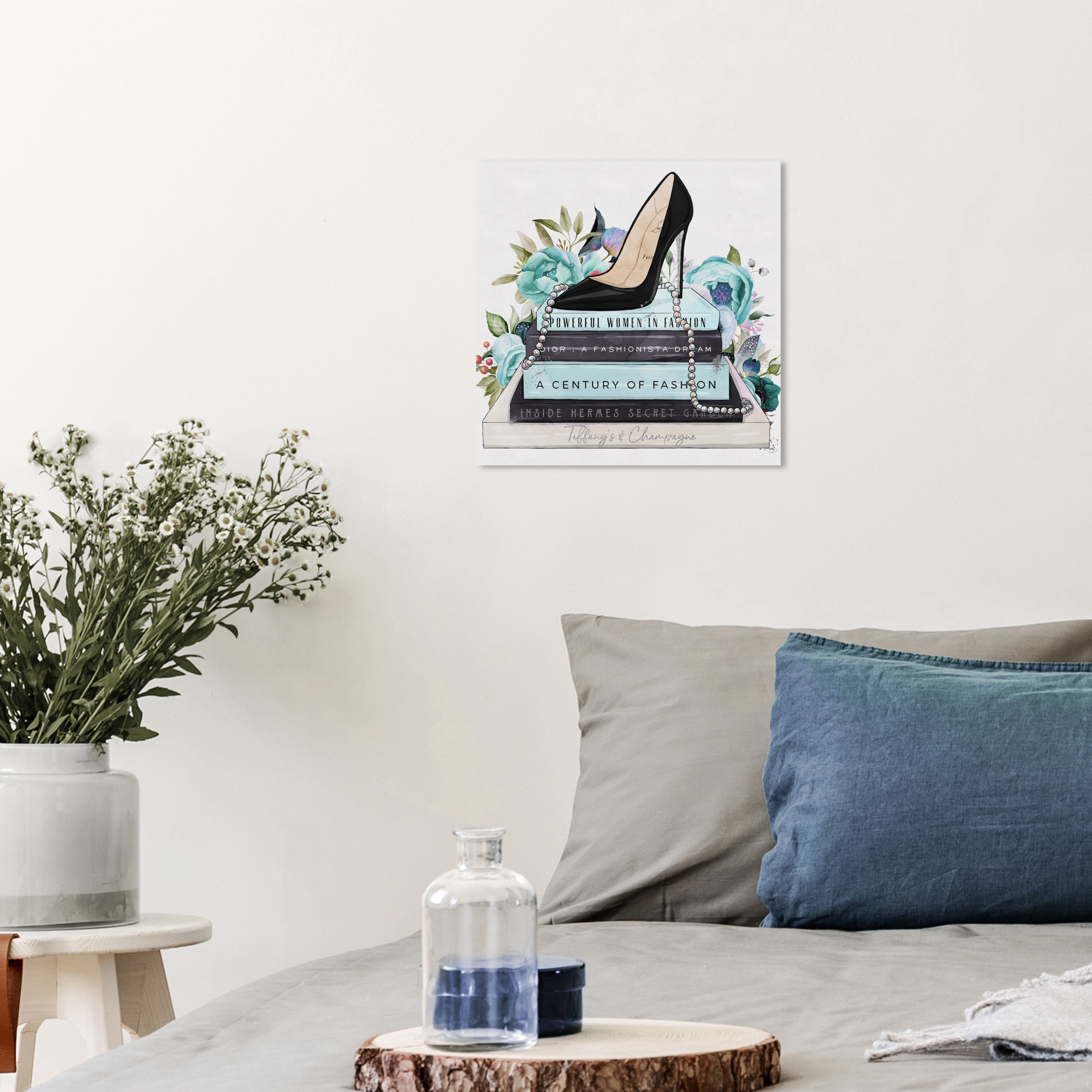 Wynwood Studio Canvas Classic Stiletto and High Fashion Books Blue Floral Fashion and Glam Books Wall Art Canvas Print Blue Teal 12x12