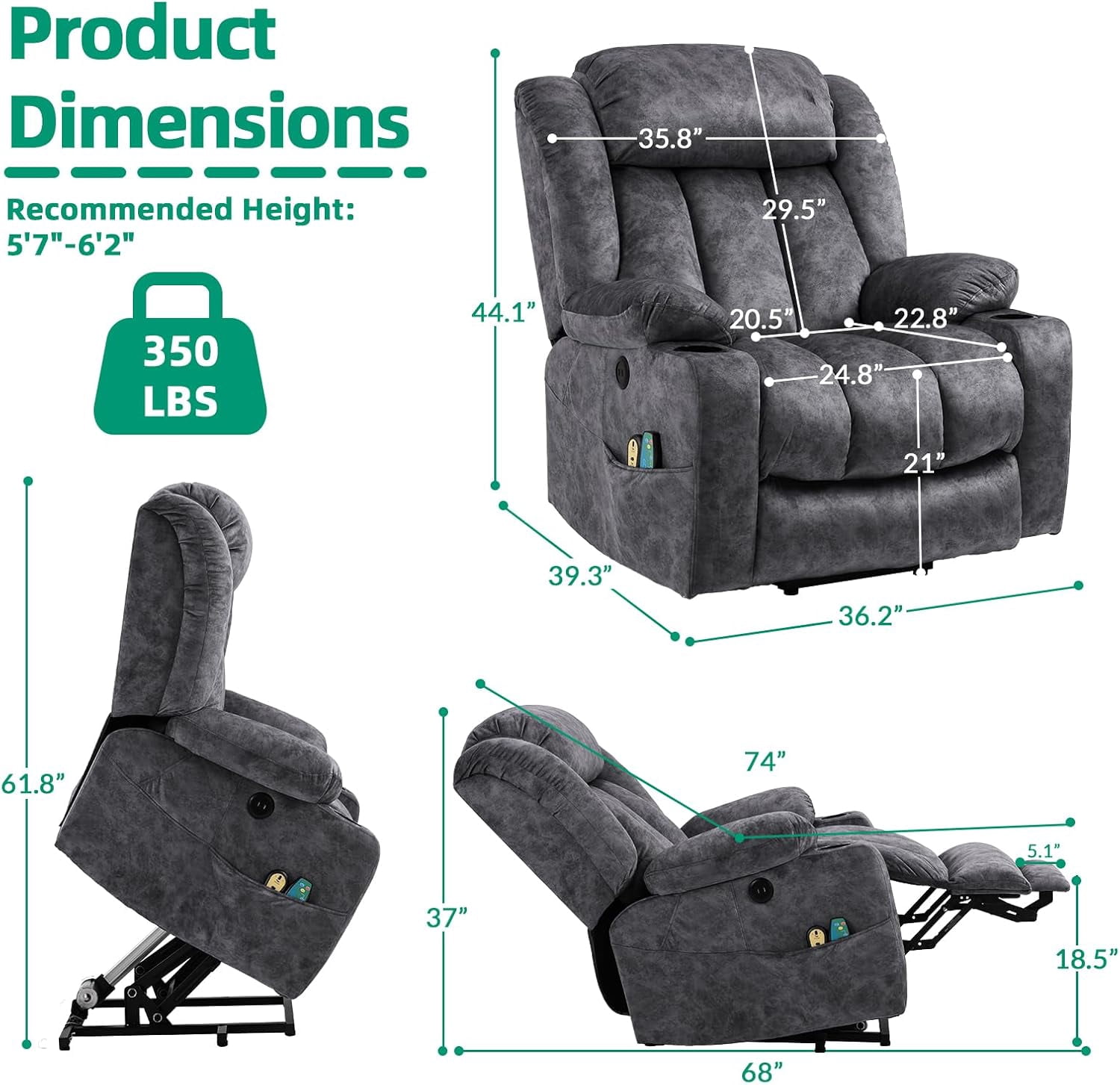 VIVIJASON Tall Man Large Power Lift Recliner Chair with Heat and Massage for Elderly, Overstuffed Wide Electric Lift Recliner w/Extended Footrest, 2 Cup Holder, USB Ports & Side Pockets, Fabric Grey
