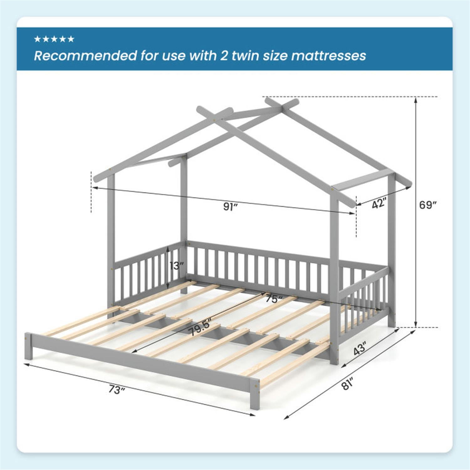 Demi Bonn Extendable House Bed Twin to King Daybed with Roof and Fence Rails, Modern Platform Bed Frames for Teens, Gray