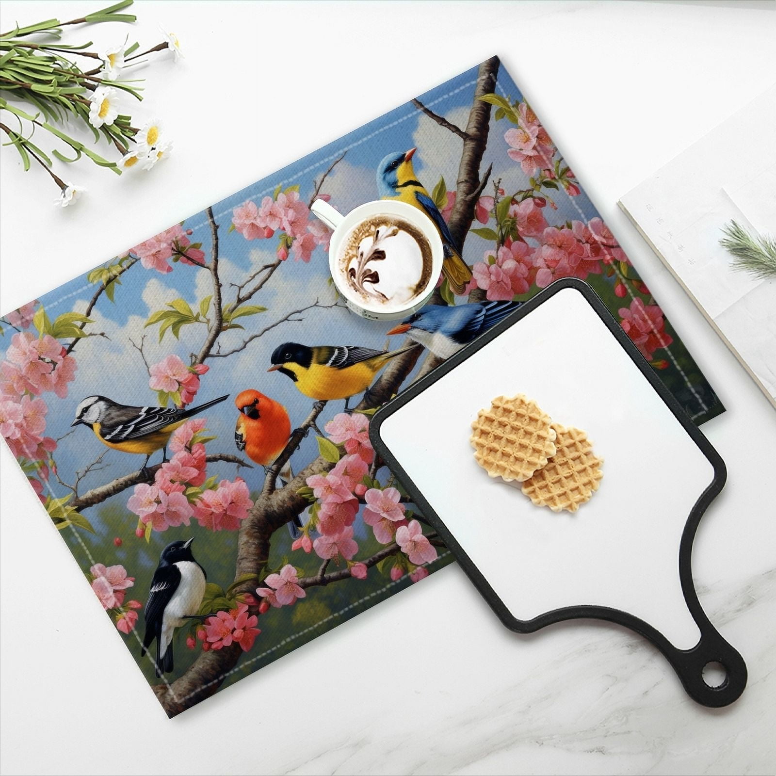 BaHomeck placemats Set of 4 Group Of Colorful Birds Perched On The Branches Cotton Linen rectangle Placemats for Kitchen Dining Table Indoor,Outdoor,18*12inch