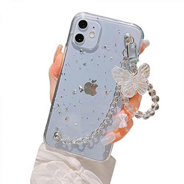 Funda de teléfono de TPU transparente con lámina dorada para mujer y niña, con cadena de pulsera de metal y cordón de mariposa, protección completa para iPhone 12 ||plata fo