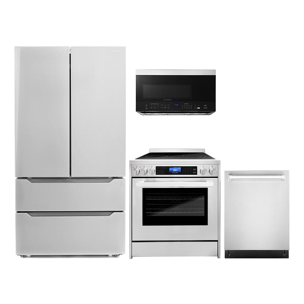 Cosmo 4 Piece Kitchen Appliance Packages with 30" Over the Range Microwave 30" Freestanding Electric Range 24" Built-in Integrated Dishwasher & French Door Refrigerator Kitchen Appliance Bundles