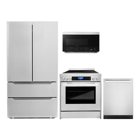 Cosmo 4 Piece Kitchen Appliance Packages with 30  Over the Range Microwave 30  Freestanding Electric Range 24  Built-in Integrated Dishwasher & French Door Refrigerator Kitchen Appliance Bundles