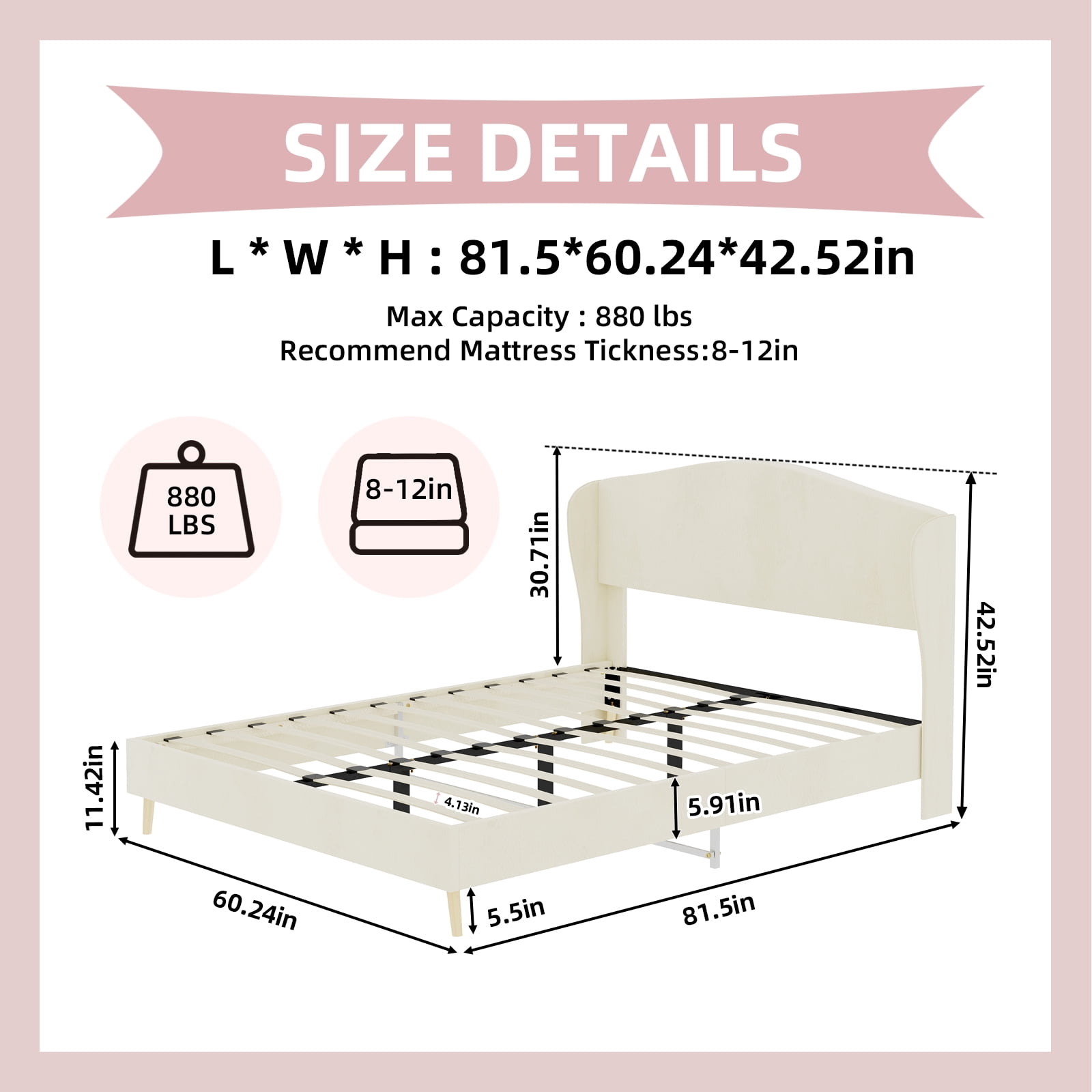 Alvantor Queen Size Upholstered Bed Frame with Padded Headboard, Holland Velvet Tufted Noise-Free & Durable Beige