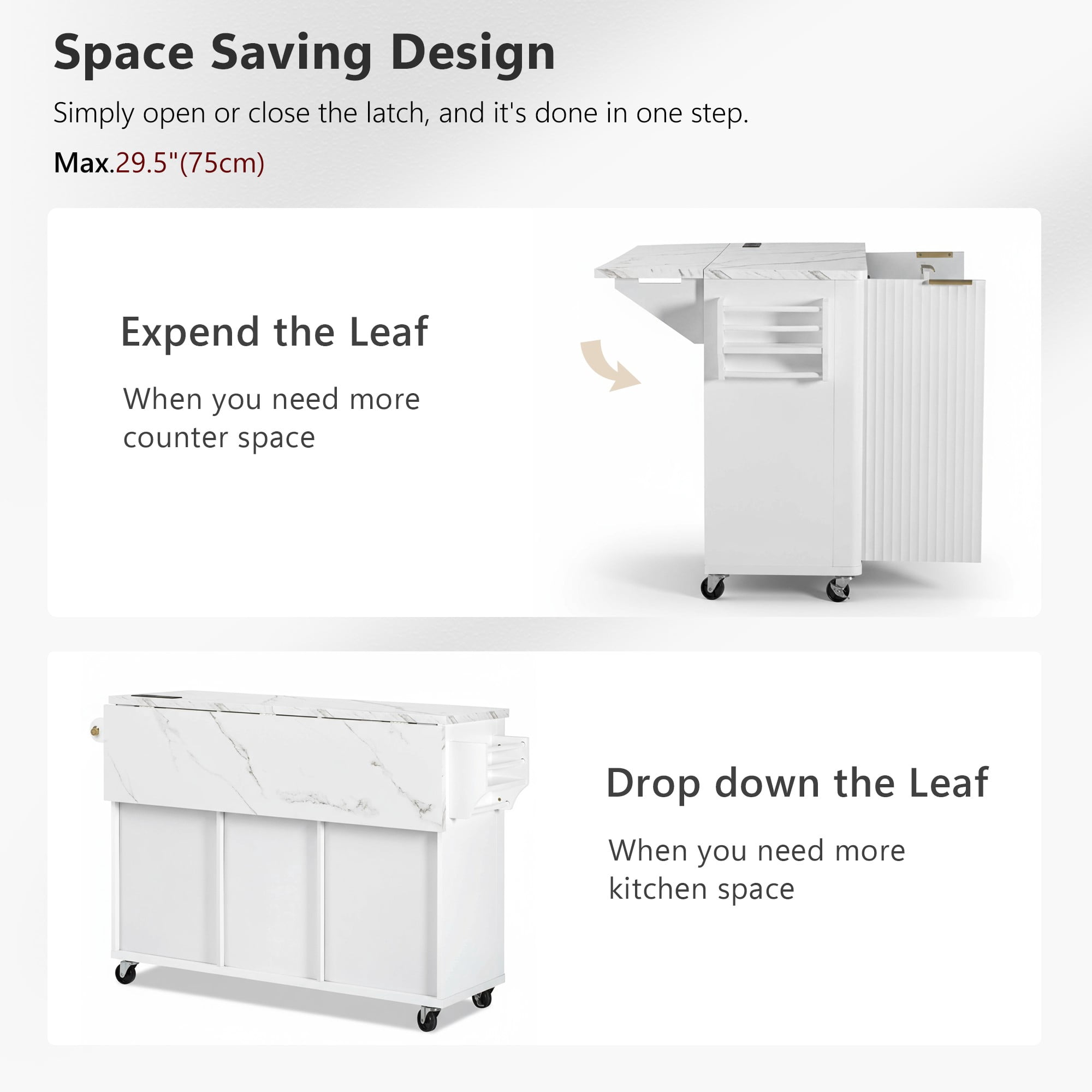 Chords Attic 55.5" Fluted Kitchen Island with Drop Leaf, Power Outlet, Storage-6 Door Shelves, Adjustable Shelves, Faux Marble Top, Curved Edge for Dining Room