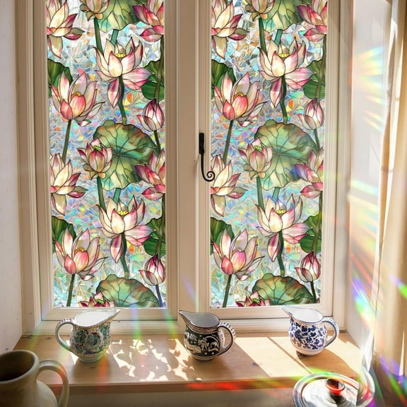 39.4x17 Inch Lotus Flower Rainbow Window Privacy Film Large 3D Sun Blocking Stained Window Glass Decorative Window Cling Non-Adhesive Static UV Decals Reusable Sticker for Room Home Colorful