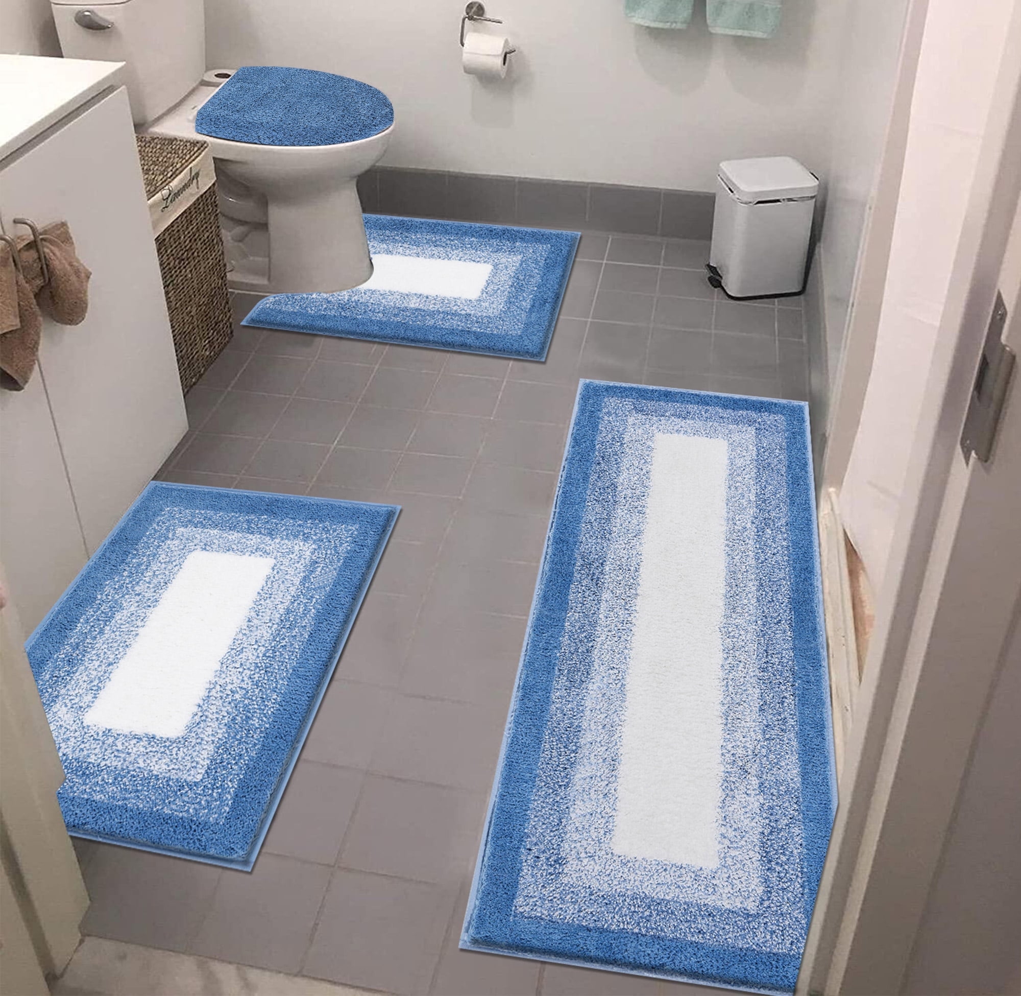 Ileading 4-Piece Bathroom Rug Set with Non-Slip Backing, Blue