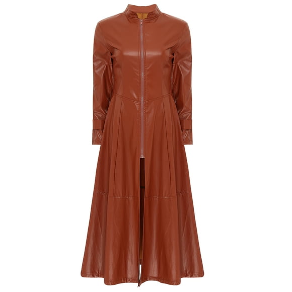 Jhaoyu Women's Faux Leather Long Sleeves Jacket Trench Coat Full Zipper Ankle Length Overcoat Brown M