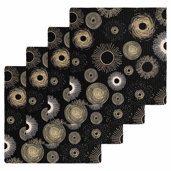 Geometric Black Kitchen Dish Towels for Drying Dishes Set of 4, Abstract Goldeb White Boho Circle Dot Waffle Weave Microfiber Hand Tea Bathroom Towels Quick Dry & Absorbent Towel 12x12