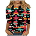 thumbnail image 2 of Cagogo Summer Basic Tops Aztec Western 3/4 Length Sleeve Vintage Tshirts Shirts for Women Under $5 Loose Fit Scoop Neck Ethnic Style T Shirt Cute Green Clothes Outfits, 2 of 5