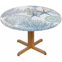 Marine Round Table Cloth Sea Shells Stars Mollusk Coral Elastic Edged Table Cover Fade And Stain Resistant Table Cloths Easy To Clean Fits Tables 40-44" Diameter