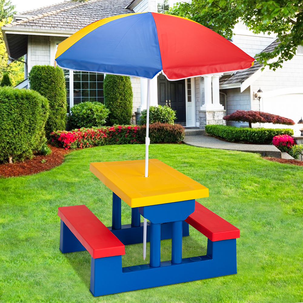 Kids Picnic Table Set with Umbrella, BTMWAY Toddler Table and Chairs Set, Outdoor Kids Picnic Table with 2 Benches, Portable Picnic Table Bench Set for Garden, Backyard, Patio, Red/Yellow/Blue, R2125 - image 1 of 12