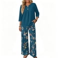 thumbnail image 6 of Vintage Ditsy Floral Print Two Piece Set for Women, 3/4 Sleeve Button Down Top & Wide Leg Pants - Retro Boho Casual Lounge Outfit with Flowy Trousers Navy L, 6 of 7