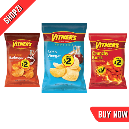 Vitner’s Potato Chips Variety Pack, 12 Count (Crunchy Kurls Sizzlin’ Hot 5.25 oz, Salt & Vinegar 4.5 oz, Barbeque Sweet & Tangy 4.5 oz), Bold Crunchy Snack