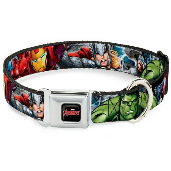 Marvel Comics Pet Collar, Dog Collar Metal Seatbelt Buckle, Marvel Avengers Superhero Poses Close Up, 15 to 24 Inches 1.0 Inch Wide