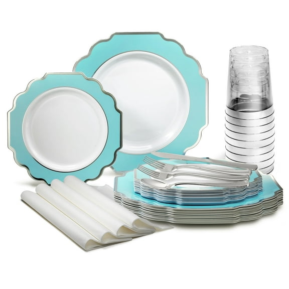 " OCCASIONS " 200 Piece set (25 Guests)-Wedding Plastic Plates & cutlery -Disposable heavyweight Dinnerware 10.5'', 8'' Silverware Cups Napkins (Imperial Turquoise Blue/Green & Silver)