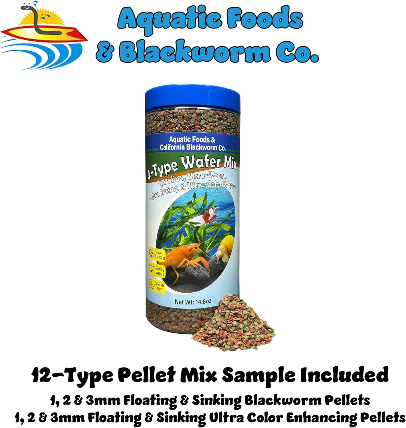 3.5mm - 1/8" 4-Type Sinking Wafer Mix of Spirulina-Algae, Worm, Shrimp, Color Enhancing Wafers for Shrimp, Snails All Tropical Fish 14.8oz Canister