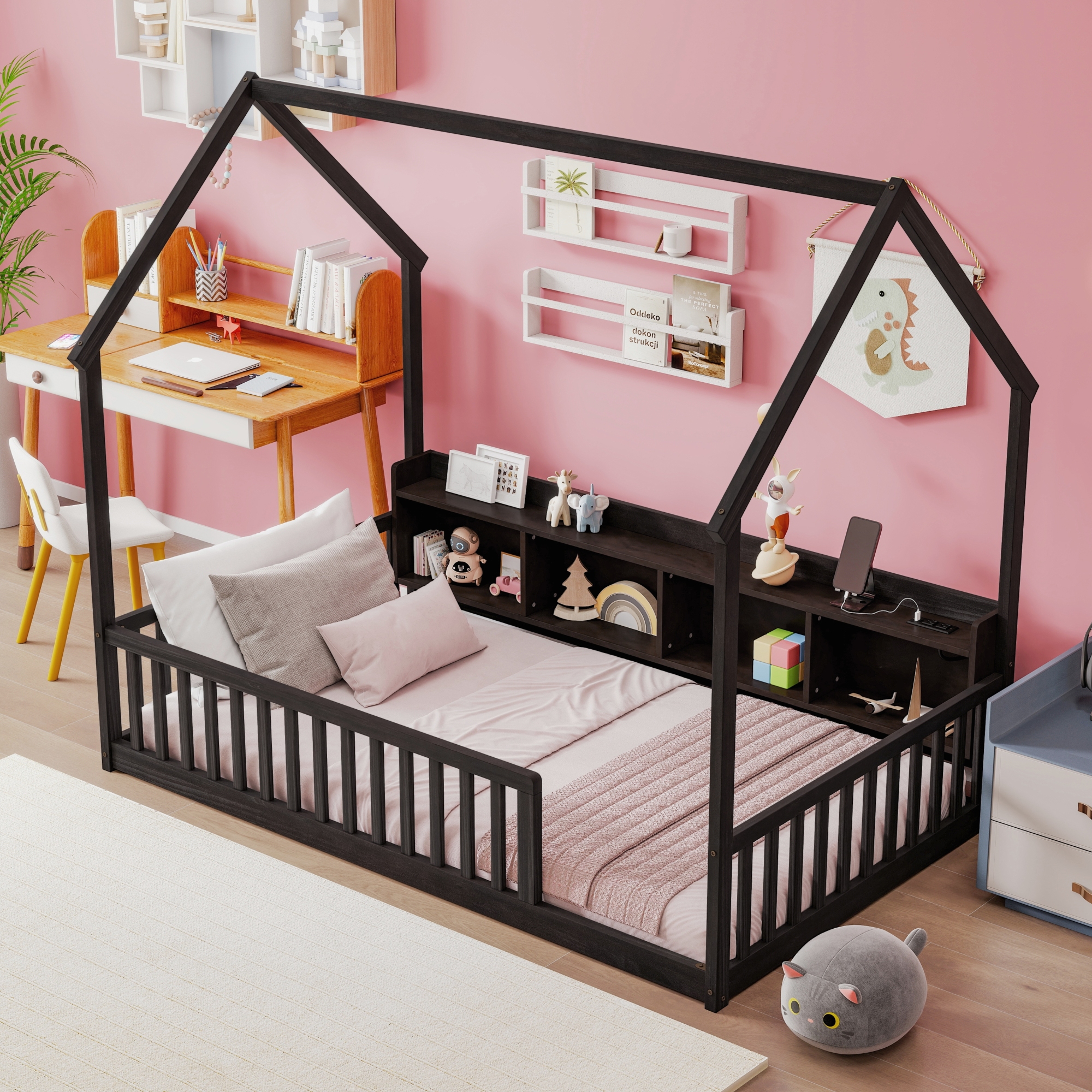 Leumius Twin Size House Floor Bed with Storage Shelves,Built-in LED Lights & Charging Station,Pine Wood Floor Bed Frame with Safety Guardrails for Kids Bedroom Espresso