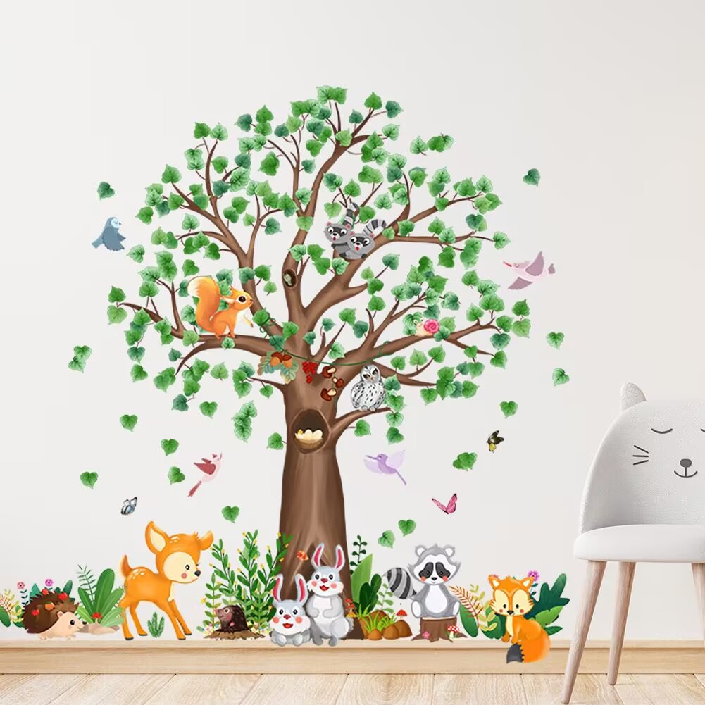 Woodland Animals Wall Decals Large Tree Wall Stickers Bear Fox Deer Wall Decals Rabbit Wall Stickers DIY Peel and Stick Art Decals Baby Nursery Kids Bedroom Toddler Room Wall Decor