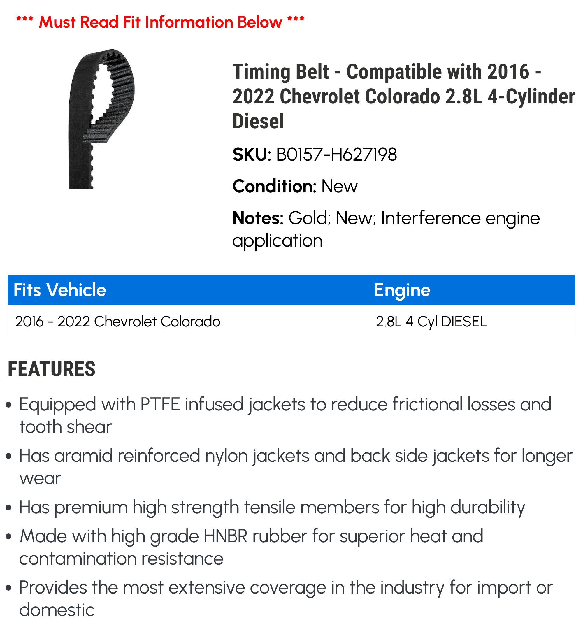Timing Belt - Compatible with 2016 - 2022 Chevy Colorado 2.8L 4-Cylinder Diesel 2017 2018 2019 2020 2021