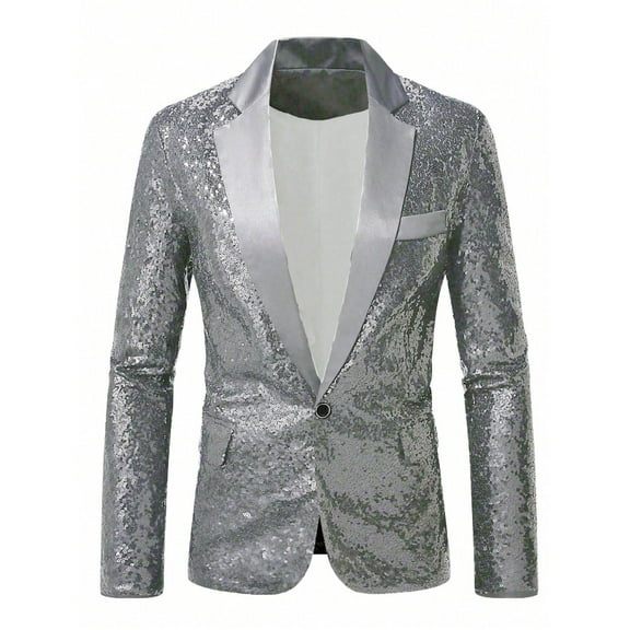 USNSM One Button Sequined Men's Jacket Single Breasted Notch Lapel Tuxedos Blazer Prom Party Coat Performence Jacket Silver XL