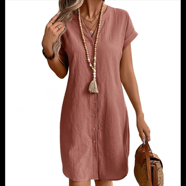 Vestido de para Mujer, Verano, Informal, Corta, Cuello en V, Midi, Abotonado, Camisero. Melocotón L