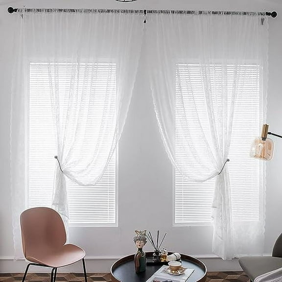 Zhuge Elegant Rose Lace Curtains Rod Pocket Light Filtering Floral Window Curtain Panels for Bedroom Kitchen Short Curtains, 2 Pieces (White,59"x63")