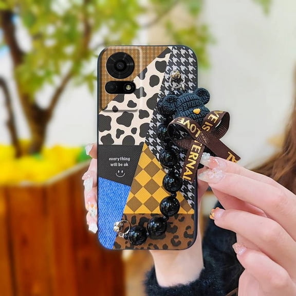 JNG-Phone Case For TCL 50LE/T510SPP, silicone soft case Dirt-resistant Back Cover Waterproof protective case Bear bracelet Simplicity Black pearl pendant Skin-friendly feel Anti-knock