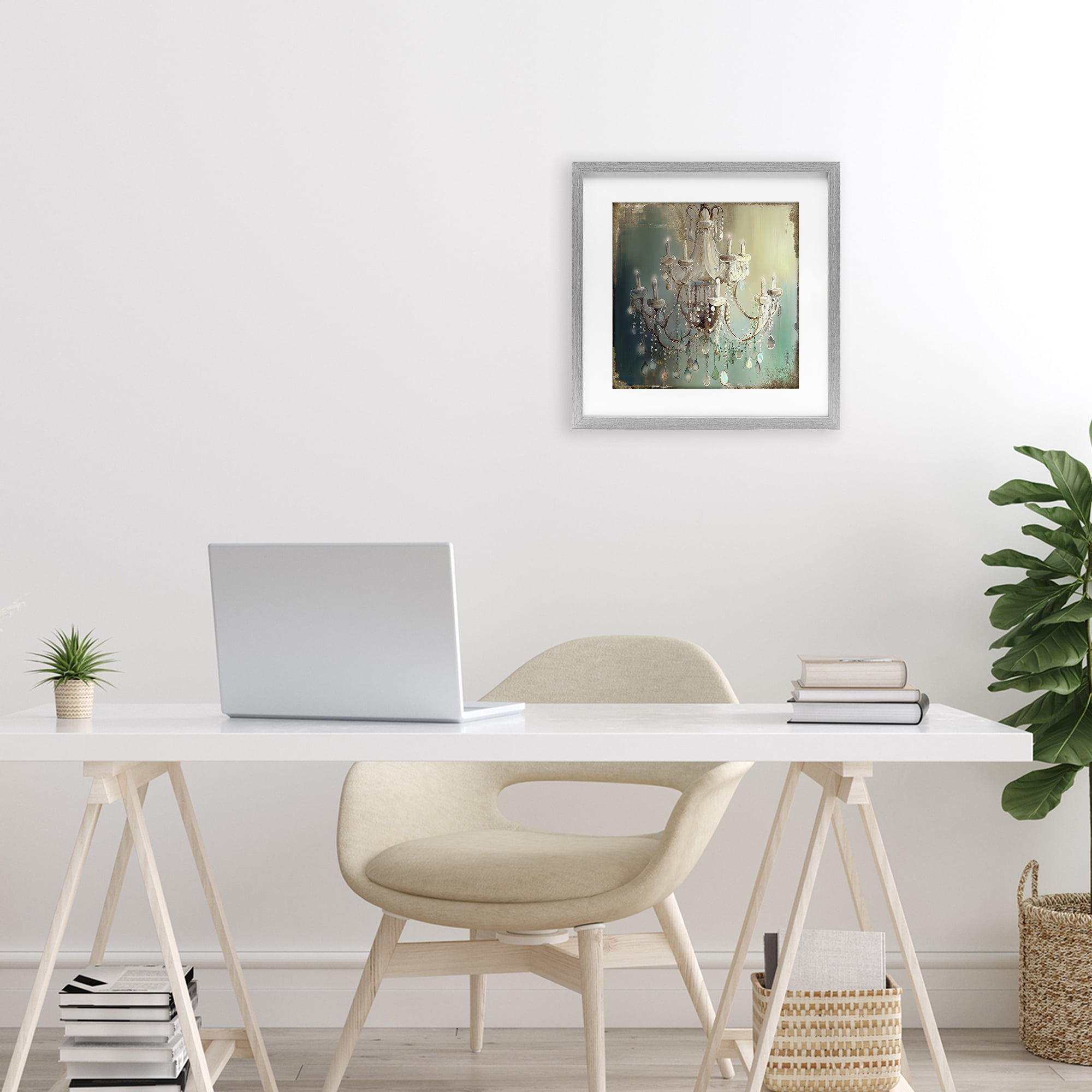 Vintage Illumine Chandelier Gray Framed Print Under Glass, design by Sasha