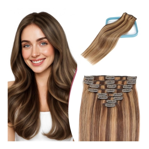 4/27# Straight Clip In Hair Extensions Human Hair 8pcs/set 80-100g Per Set With 18Clips Double Weft Clip In Human Hair Extensions Brown Highlights Blonde Color For WomenEasy Application