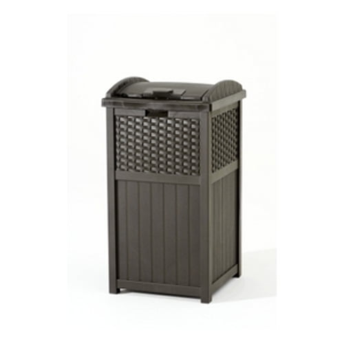 Suncast Trash Hideaway 39 Gallon Outdoor Trash Can Patio or Deck Waste Bin  with Latching Lid, Liquid Tray, Handles, and Trash Bag Holder, Peppercorn