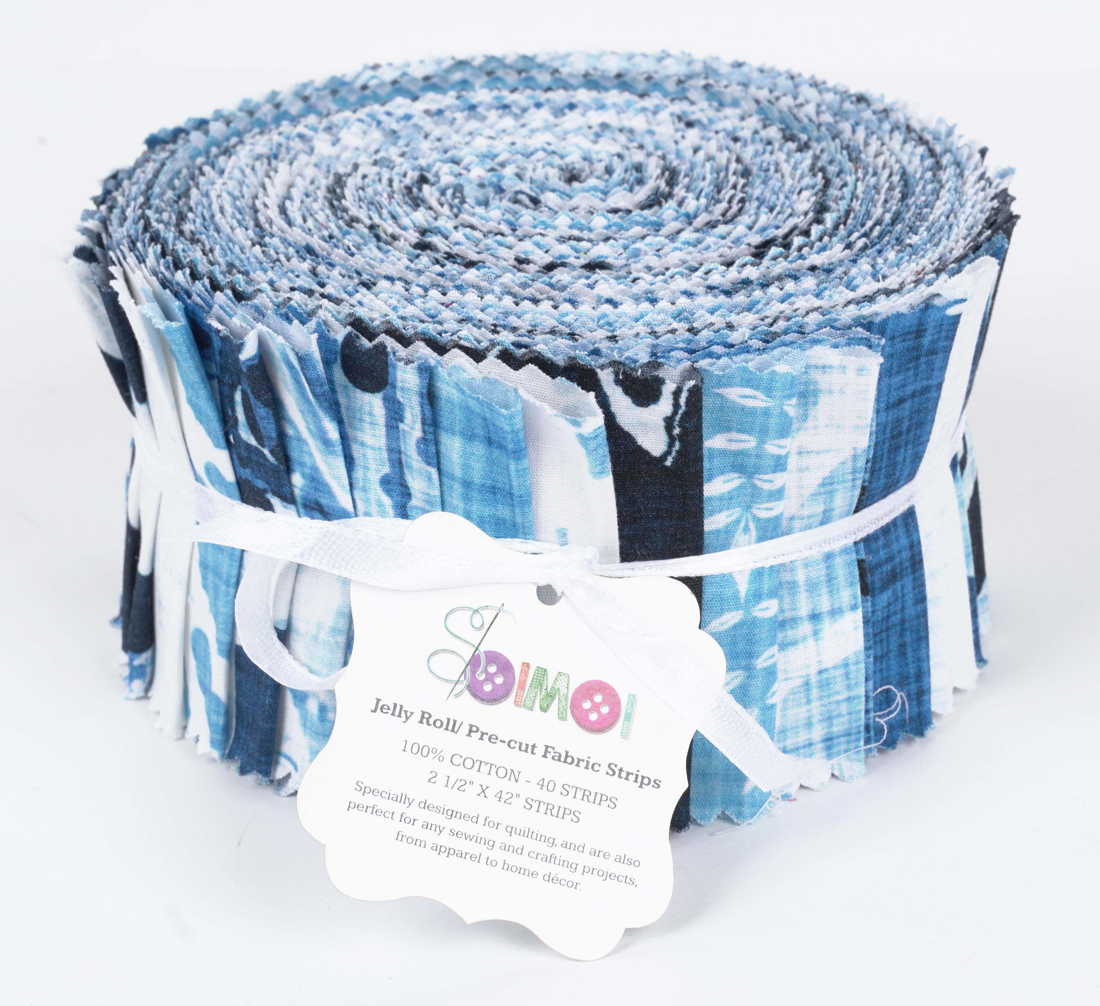 Soimoi 40Pcs Block Print Cotton Precut Fabrics For Quilting Craft Strips 2.5x42inches Jelly Roll - Blue