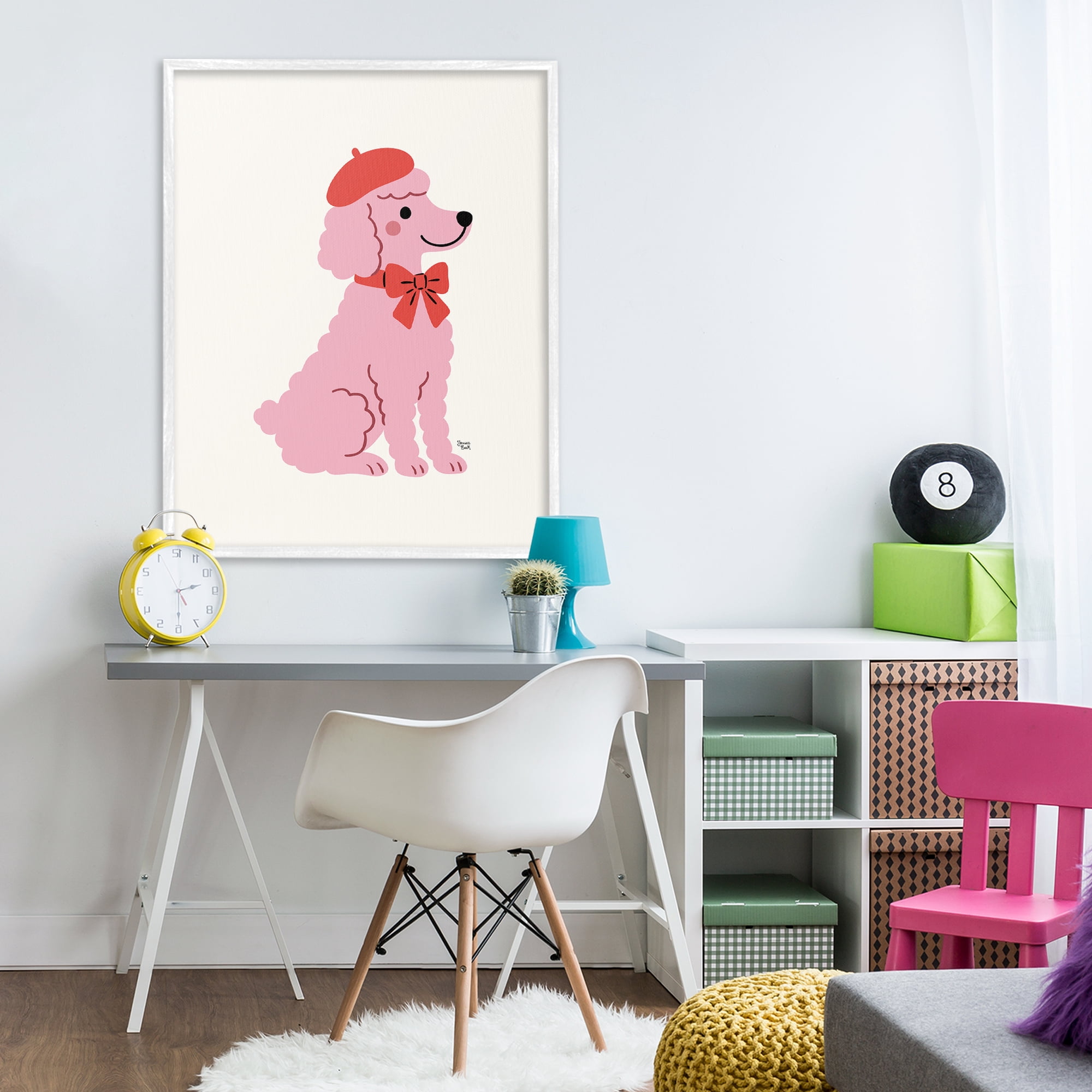 French Poodle in Beret White Framed Giclee Art, design by Jessica Beck