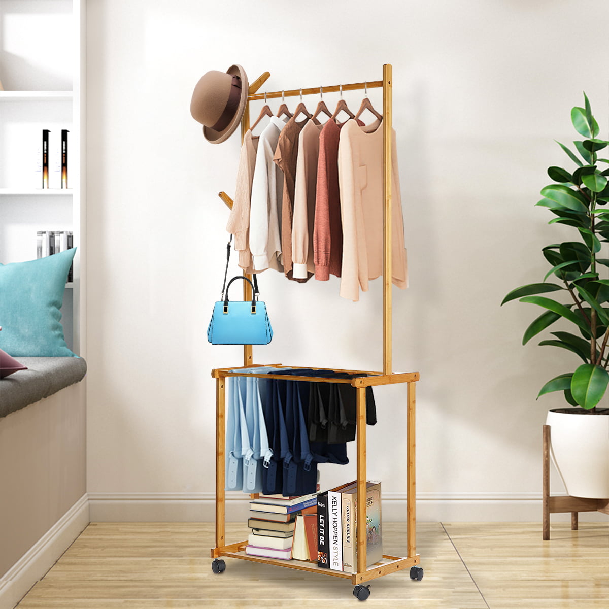 Bamboo Clothes Rack on Wheels Rolling Garment Rack with 2-Tier Storage Shelves 